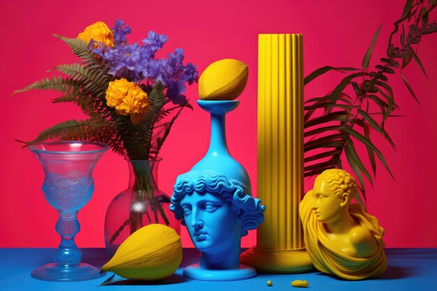 Un vase bleu avec une statue d'une tête avec des fleurs exotiques Nature morte surréaliste aux couleurs vibrantes