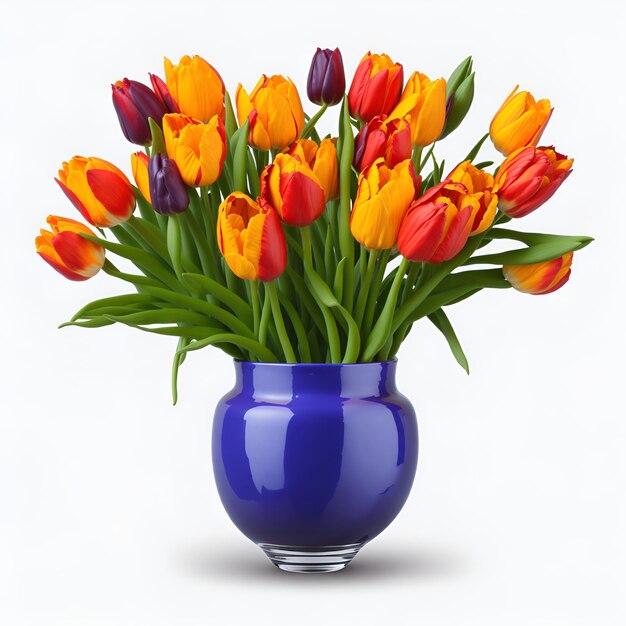 Un vase bleu avec des tulipes orange et jaunes.