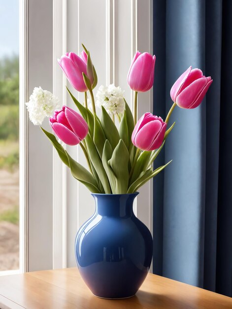 Un vase bleu avec des tulipes roses est posé sur une table devant une fenêtre.