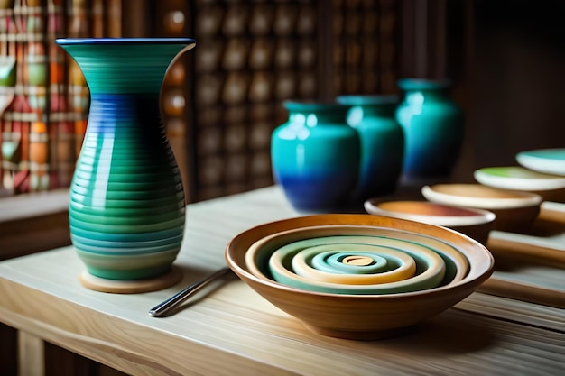 Un vase bleu et vert repose sur une table avec d’autres vases.