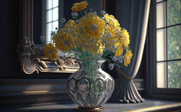 Un vase d'un bouquet de fleurs jaunes est posé sur une table. ai généré