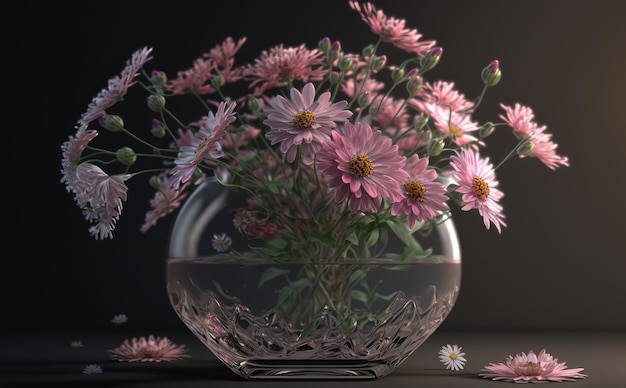 Un vase d'un bouquet de fleurs roses sur une table dans le fond du salon ai généré