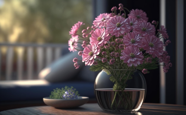 Un vase d'un bouquet de fleurs roses sur une table dans le fond du salon ai généré