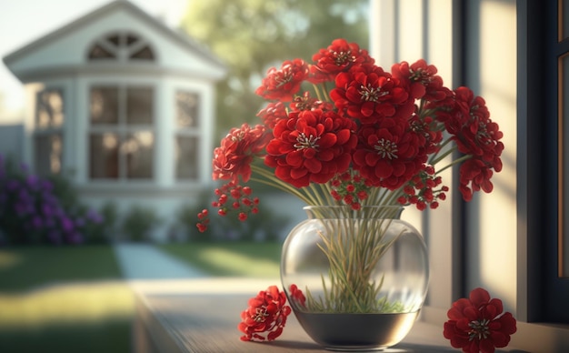 Un vase d'un bouquet de fleurs rouges sur une table dans le fond du salon généré par ai