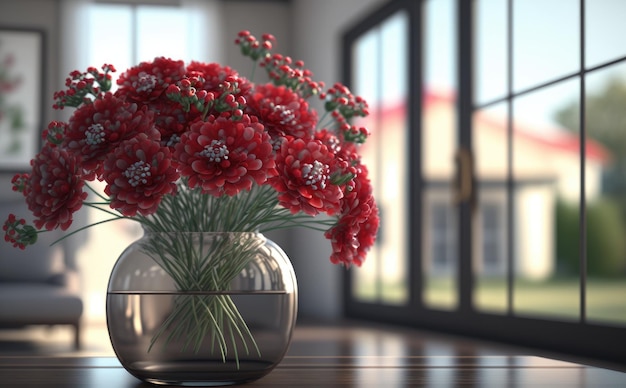 Un vase d'un bouquet de fleurs rouges sur une table dans le fond du salon généré par ai