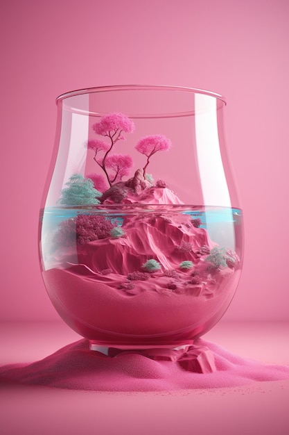 un vase à bourgeons en verre et rempli d'un liquide rosé