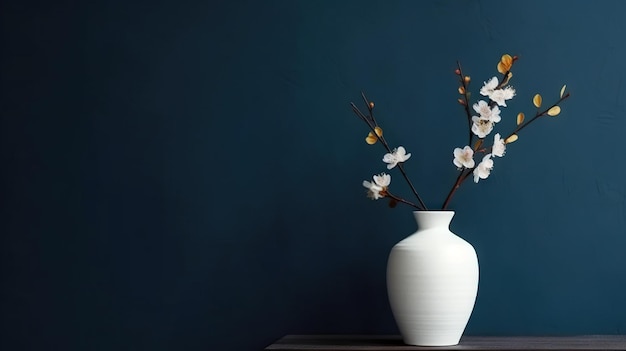 Vase avec une branche de plante décorative sur un fond bleu foncé Modèle d'intérieur minimaliste IA générative