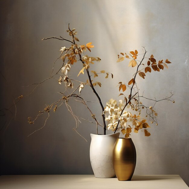 Vase avec branches séchées sur la table et fond de mur gris