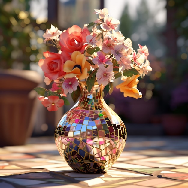 Un vase en céramique délicat décoré de couleurs vives avec des fleurs ou un vase à fleurs