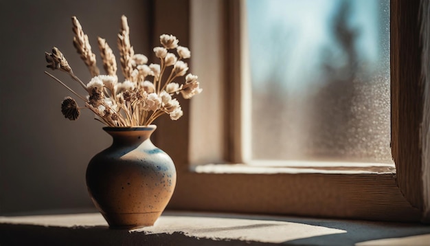 Vase en céramique avec des fleurs séchées sur le seuil de la fenêtre Décor intérieur de chambre vintage composition florale