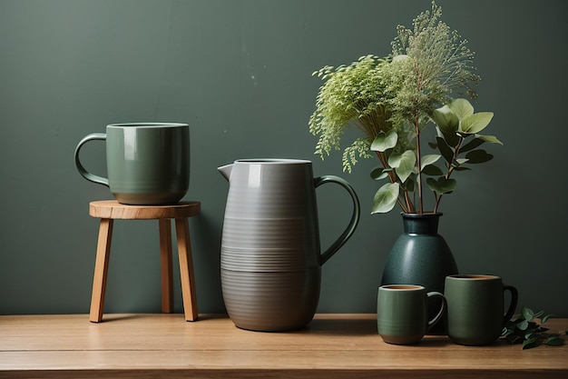 Vase en céramique gris avec une tasse sur un tabouret en bois près d'un mur vert forêt