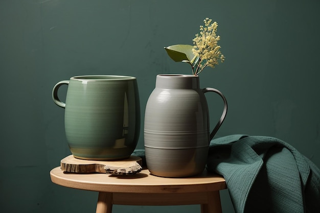 Vase en céramique gris avec une tasse sur un tabouret en bois près d'un mur vert forêt