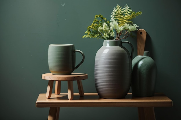 Vase en céramique gris avec une tasse sur un tabouret en bois près d'un mur vert forêt