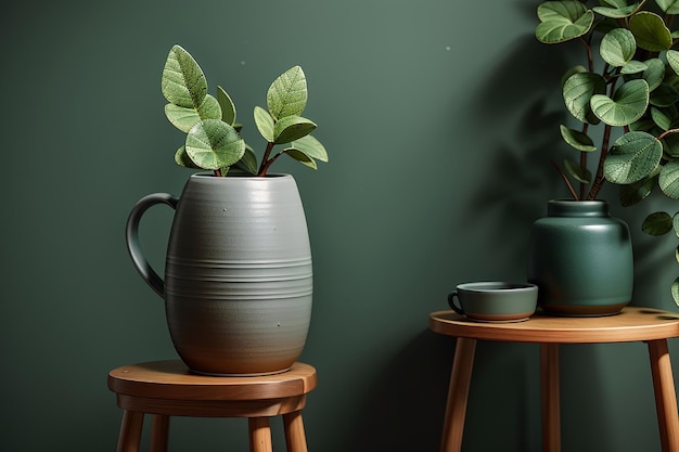 Vase en céramique gris avec une tasse sur un tabouret en bois près d'un mur vert forêt