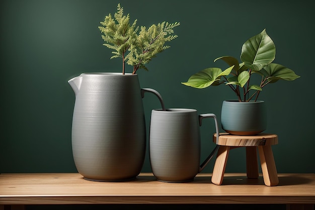 Vase en céramique gris avec une tasse sur un tabouret en bois près d'un mur vert forêt