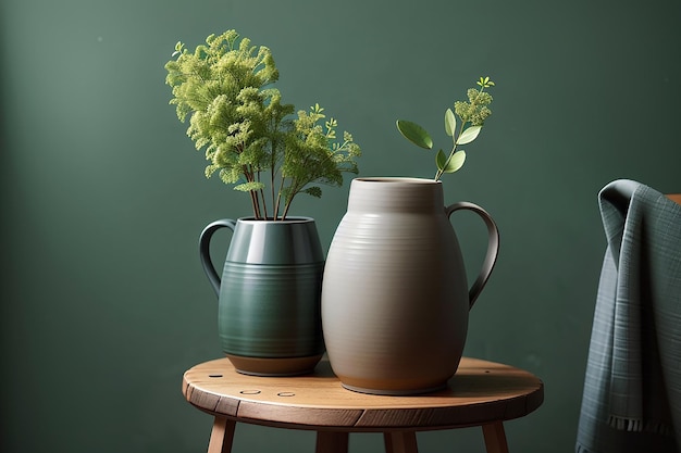 Vase en céramique gris avec une tasse sur un tabouret en bois près d'un mur vert forêt