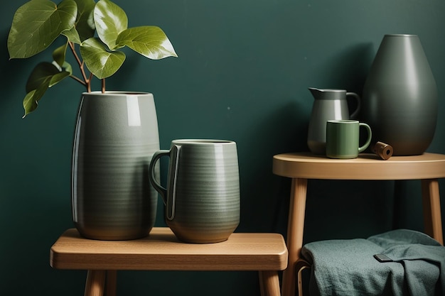 Vase en céramique grise avec un mug sur un tabouret en bois par un mur vert de forêt