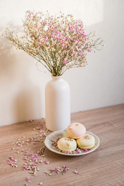 Vase En Céramique Moderne Avec Gypsophile. Fond De Mur Blanc. Intérieur Scandinave.