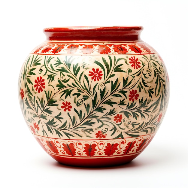 Vase en céramique avec un motif floral isolé sur un fond blanc