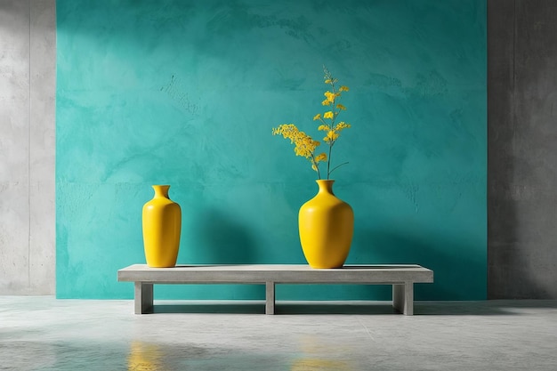 Vase en céramique turquoise sur un fond vert minimaliste