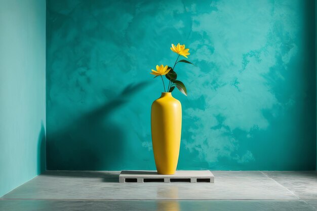 Vase en céramique turquoise sur un fond vert minimaliste