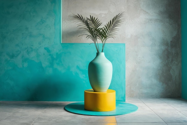 Vase en céramique turquoise sur un fond vert minimaliste