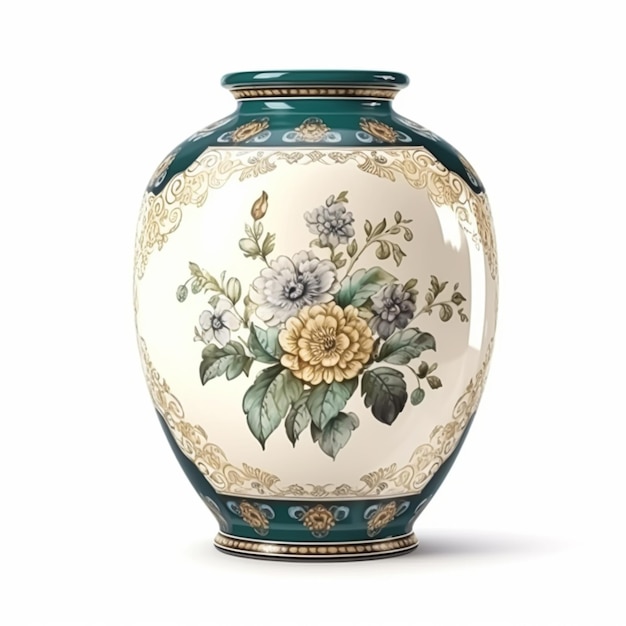 Photo vase en céramique vintage antique avec imprimé floral isolé sur fond blanc décoration de maison de style campagnard et design d'intérieur ai générative post-traitée