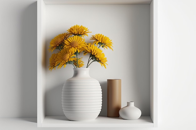 Un vase de chrysanthème jaune sur une étagère blanche