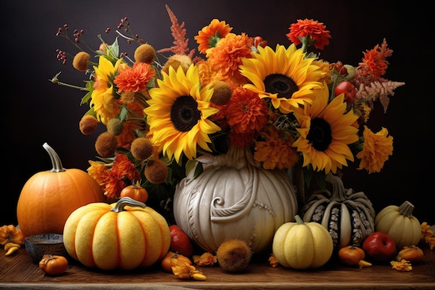 un vase de citrouille avec des citrouilles et des citrouilles sur une table en bois.