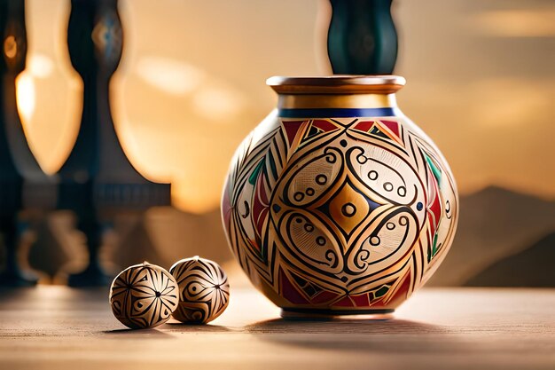 un vase coloré avec un dessin et deux balles sur la table.