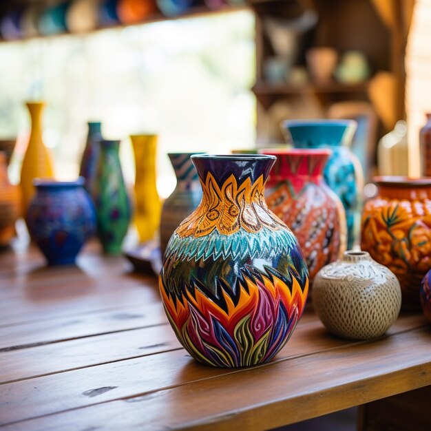 Photo un vase coloré est posé sur une surface en bois avec d'autres poteries colorées
