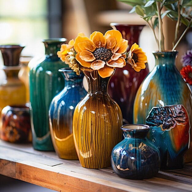 Un vase coloré est posé sur une surface en bois avec d'autres poteries colorées