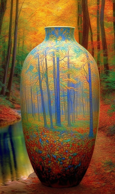 Un vase coloré avec une image d'une forêt dessus.