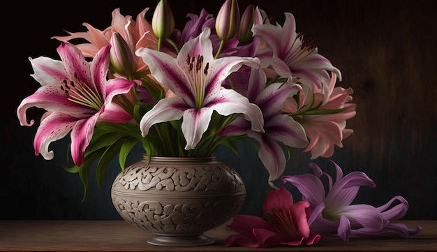 Le vase déborde de bouquets de fleurs magnifiquement arrangés générés par l'IA