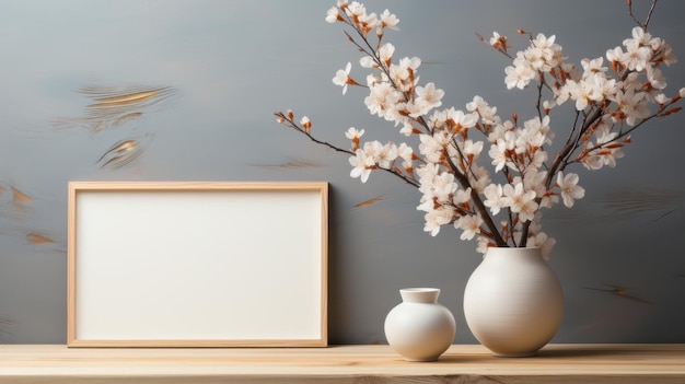 Vase décoratif de branche de fleur de cerisier avec tableau blanc