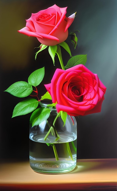 Un vase avec deux roses rouges à l'intérieur et une rose rouge au fond.