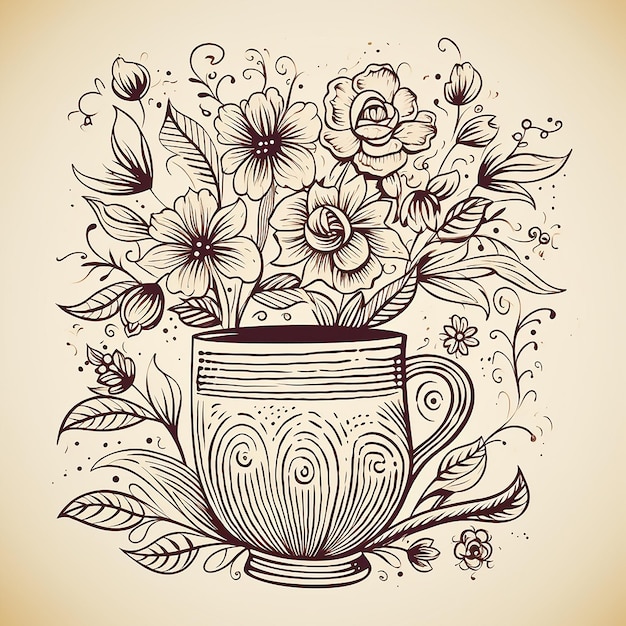 Vase Doodle avec illustration de fleur et de tasse de café sur une feuille de papier Stock Vector