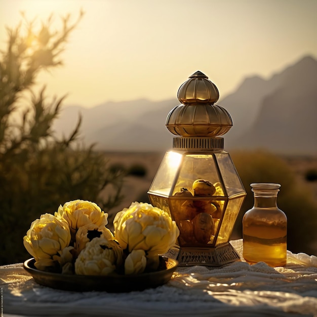 Un vase doré avec des fleurs et une bouteille d'eau sur une table.