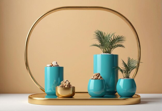 un vase doré et turquoise avec deux petites plantes sur le dessus