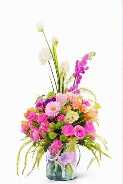 Un vase époustouflant avec un bouquet de fleurs sur fond blanc