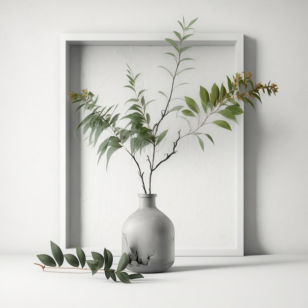 Un vase avec des feuilles et un cadre photo derrière.