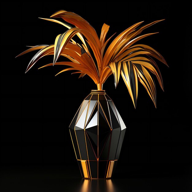 Un vase avec des feuilles d'or sur un fond noir
