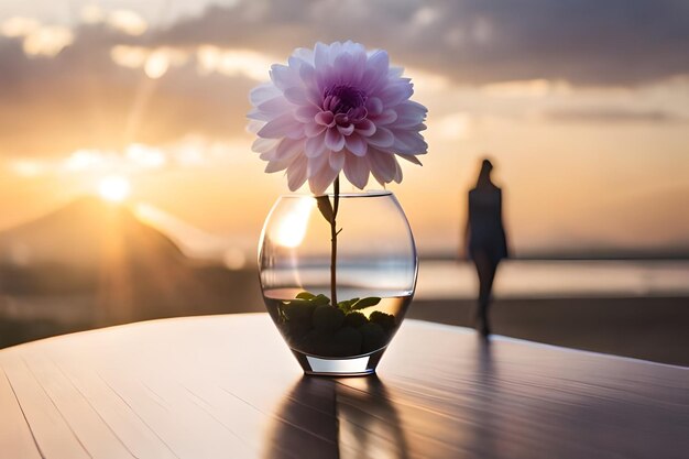 Photo un vase avec une fleur et une femme en arrière-plan