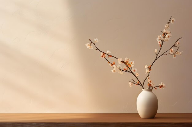 Vase avec fleur de printemps sur une table en bois contre un mur beige