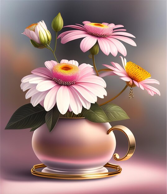 Un vase à fleur rose avec une fleur jaune dedans