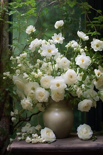 Photo un vase avec des fleurs blanches et un arbre en arrière-plan