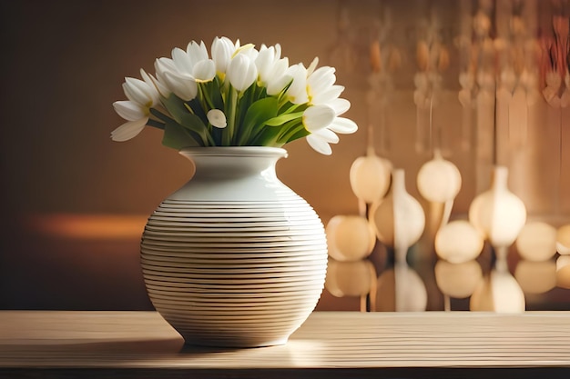 un vase avec des fleurs blanches dedans