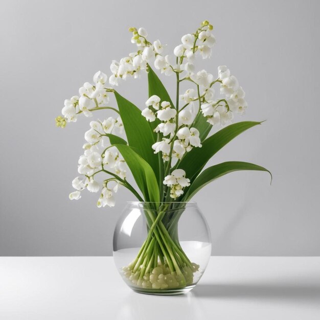 un vase de fleurs blanches avec des feuilles vertes au milieu