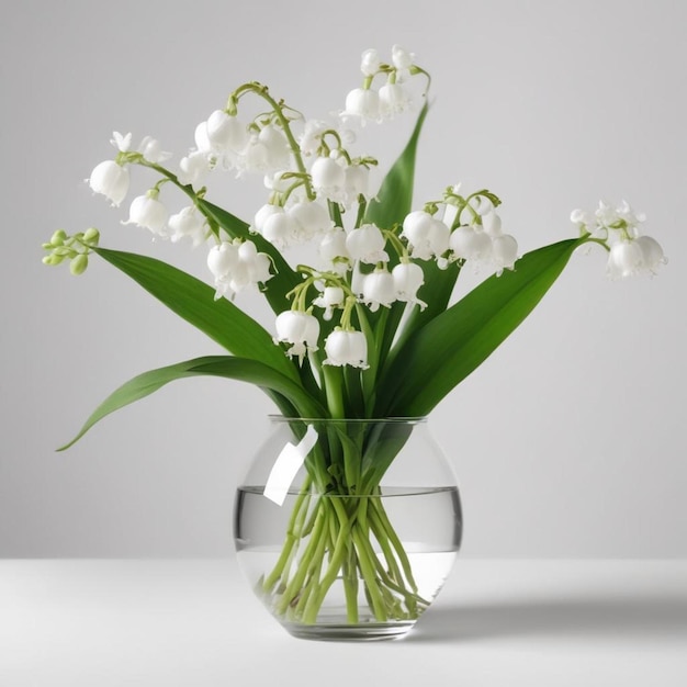 un vase de fleurs blanches avec des feuilles vertes dedans