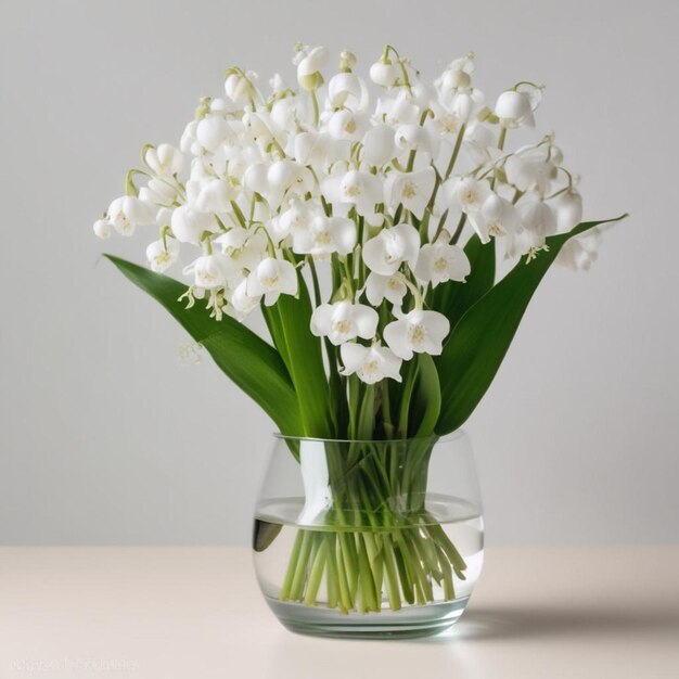 un vase de fleurs blanches avec des feuilles vertes dedans